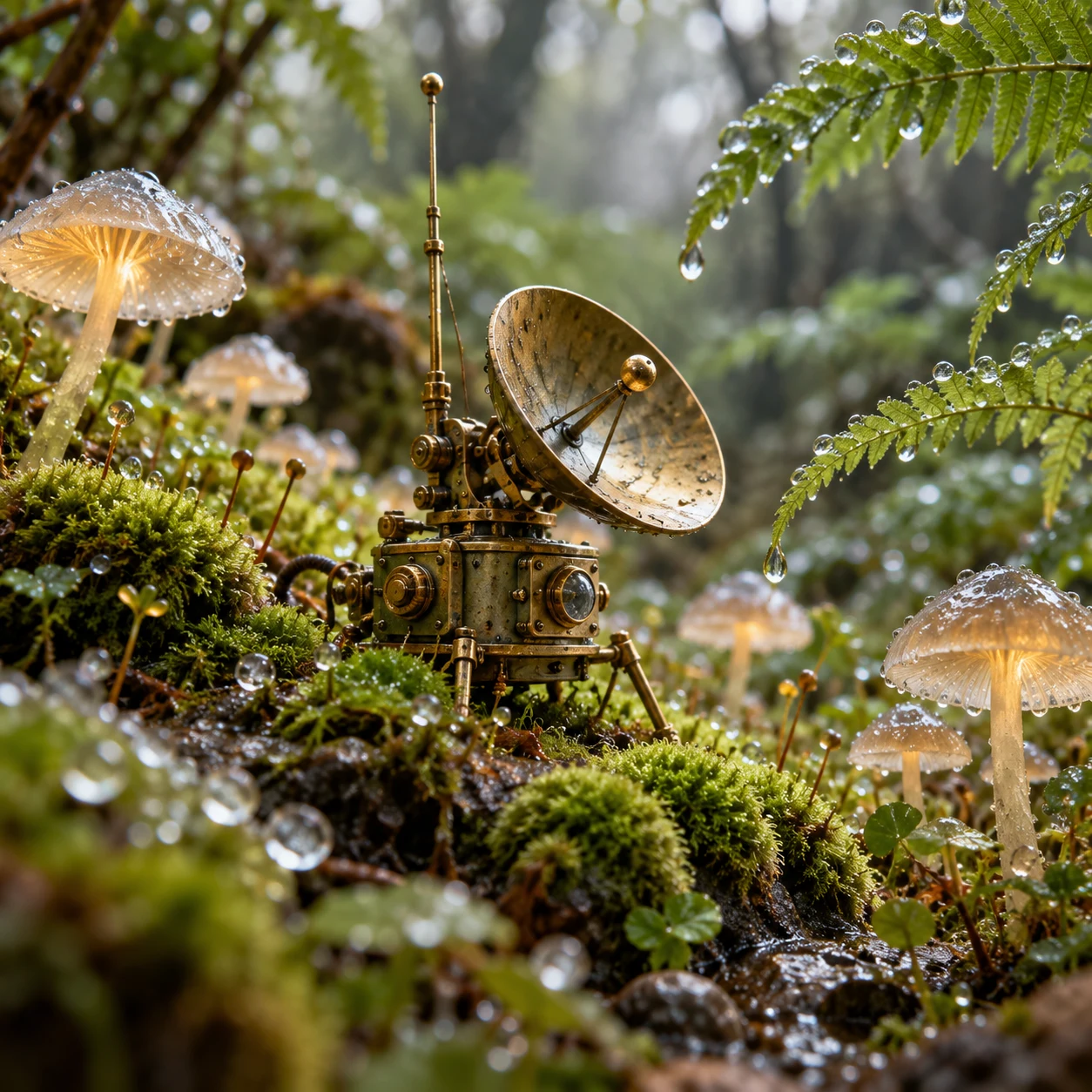 露珠、苔藓与蘑菇之间，一座微型黄铜信号观测站